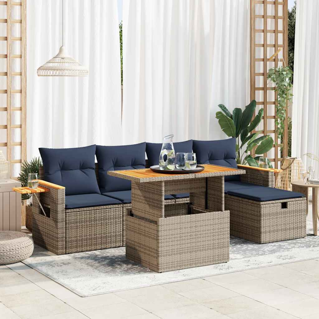 6 Piece Garden Sofa Set with Cushions Grey Poly Rattan Acacia