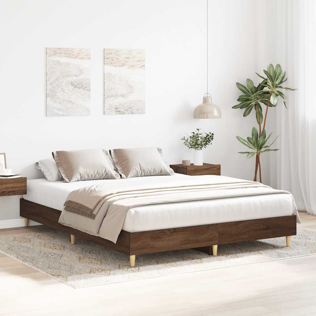 Brown Oak Bed Frame 140x200 cm - Engineered Wood, No Mattress