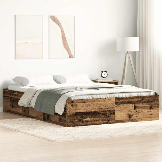 Vintage-Style Bed Frame, Old Wood Finish, 140x190cm, Engineered Wood
