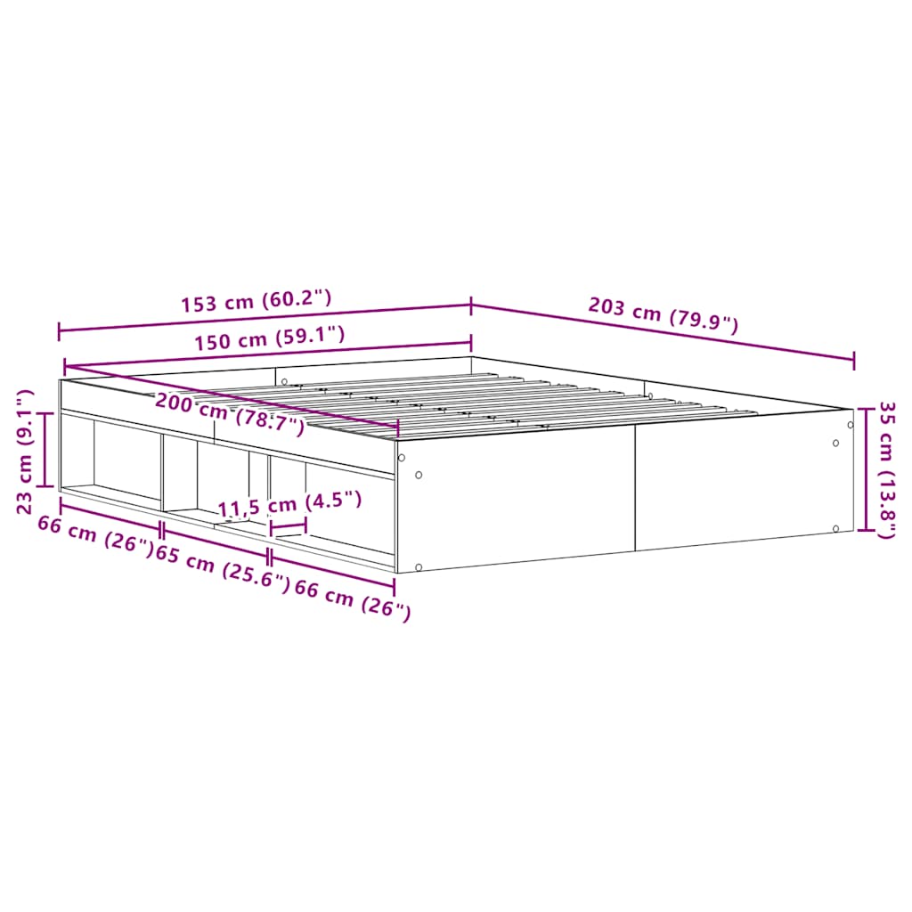 Black Oak Bed Frame 150x200 cm - Engineered Wood, No Mattress