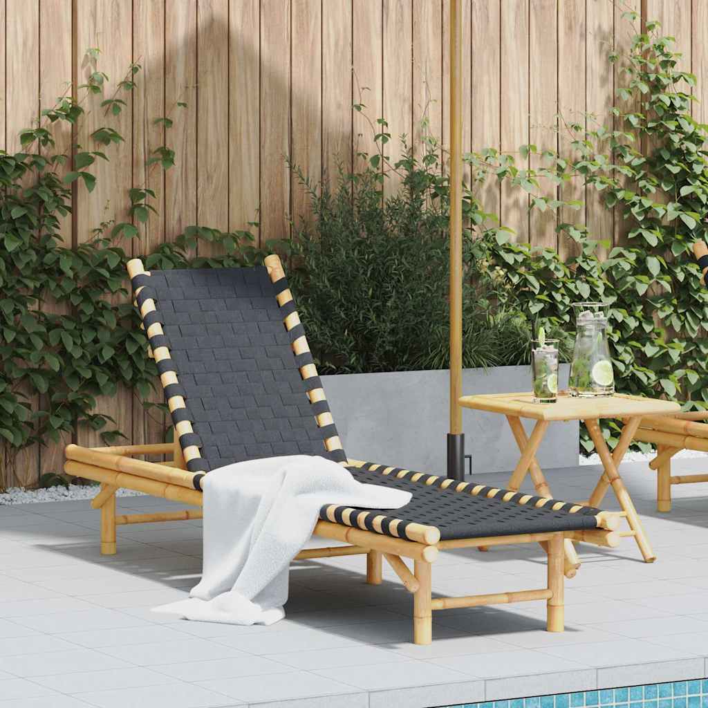 Bamboo Sun Lounger with Black Woven Webbing - 55x200x30 cm