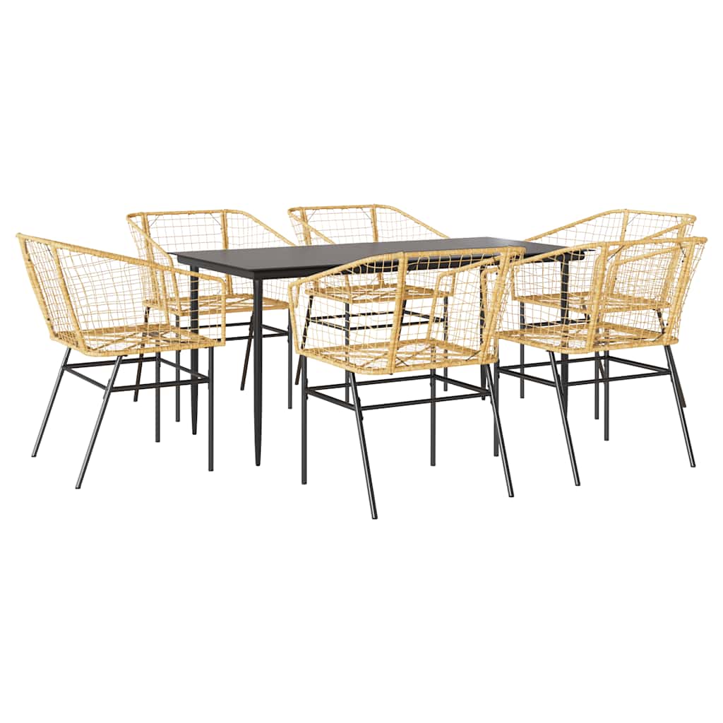 7 Piece Garden Dining Set Brown Poly Rattan Glass