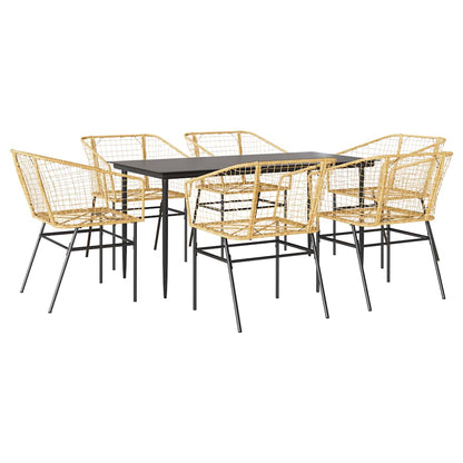 7 Piece Garden Dining Set Brown Poly Rattan Glass