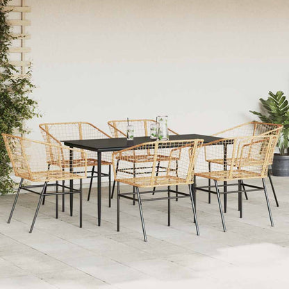 7 Piece Garden Dining Set Brown Poly Rattan Glass