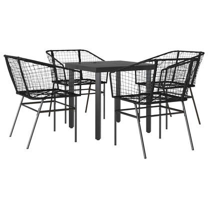 5 Piece Garden Dining Set Black Poly Rattan Glass
