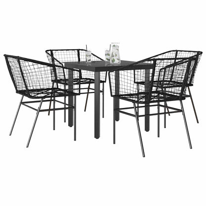 5 Piece Garden Dining Set Black Poly Rattan Glass