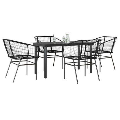5 Piece Garden Dining Set Black Poly Rattan Glass