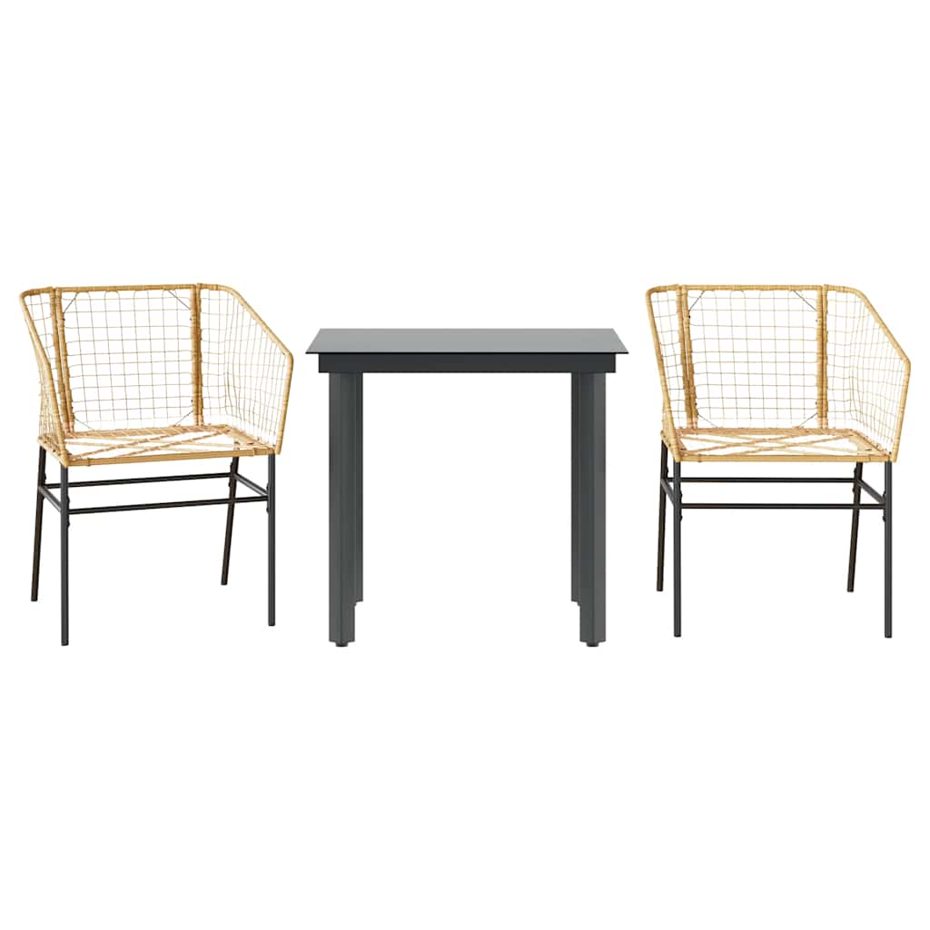3 Piece Garden Dining Set Brown Poly Rattan Glass