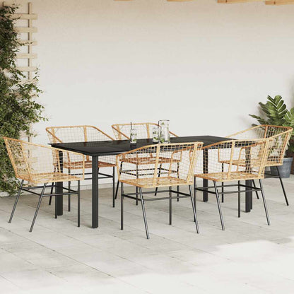 7 Piece Garden Dining Set Brown Poly Rattan Glass
