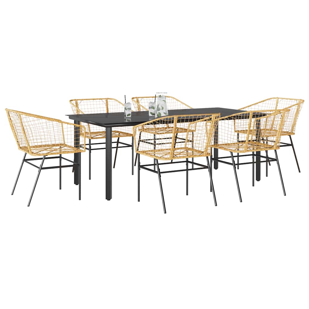 7 Piece Garden Dining Set Brown Poly Rattan Glass