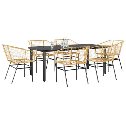 7 Piece Garden Dining Set Brown Poly Rattan Glass