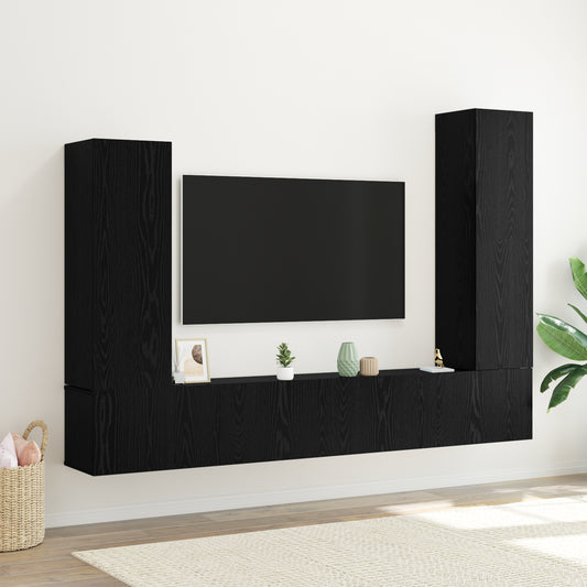 4 Piece TV Cabinet Set Wall-mounted Black Oak Engineered Wood Product Management System