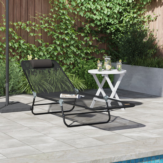 Black Textilene Folding Sun Lounger with Headrest - Outdoor Relaxation