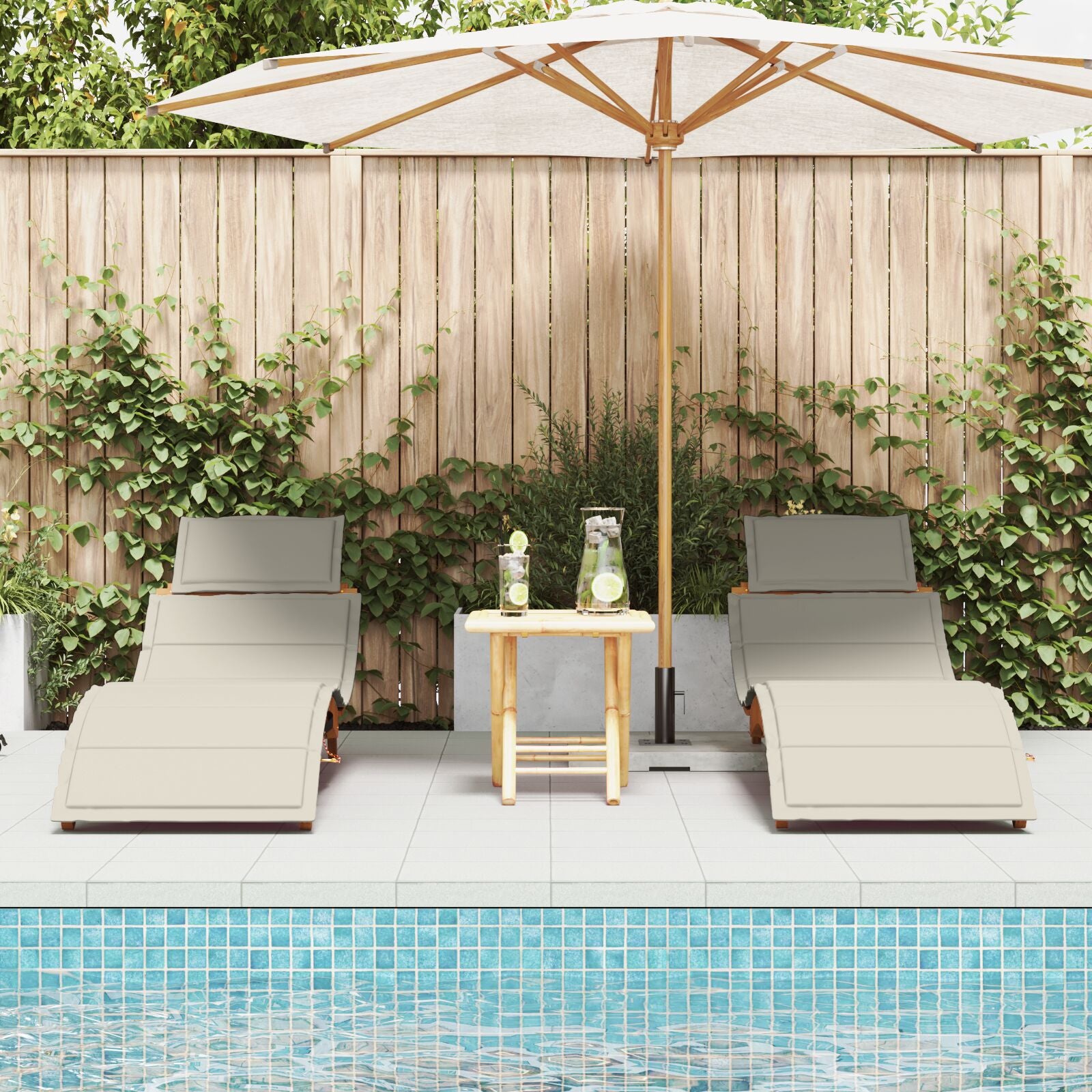 Cream White Acacia Wood Sun Loungers with Cushions - 2 Piece Set