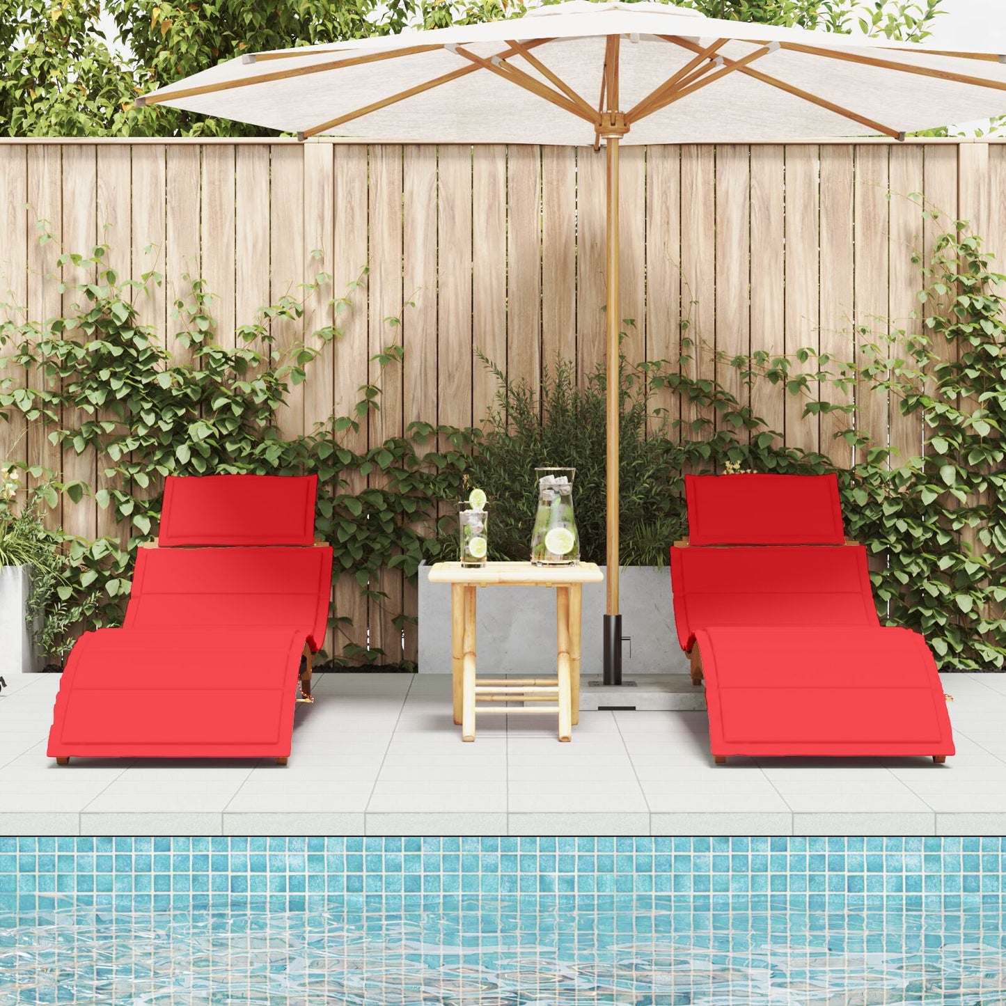 Red Acacia Wood Sun Loungers with Cushions - 2 Piece Set