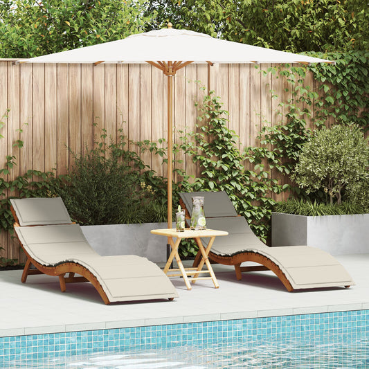 Cream White Acacia Wood Sun Loungers with Cushions - 2 Piece Set