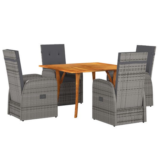 5 Piece Garden Dining Set with Cushions Grey Poly Rattan Acacia