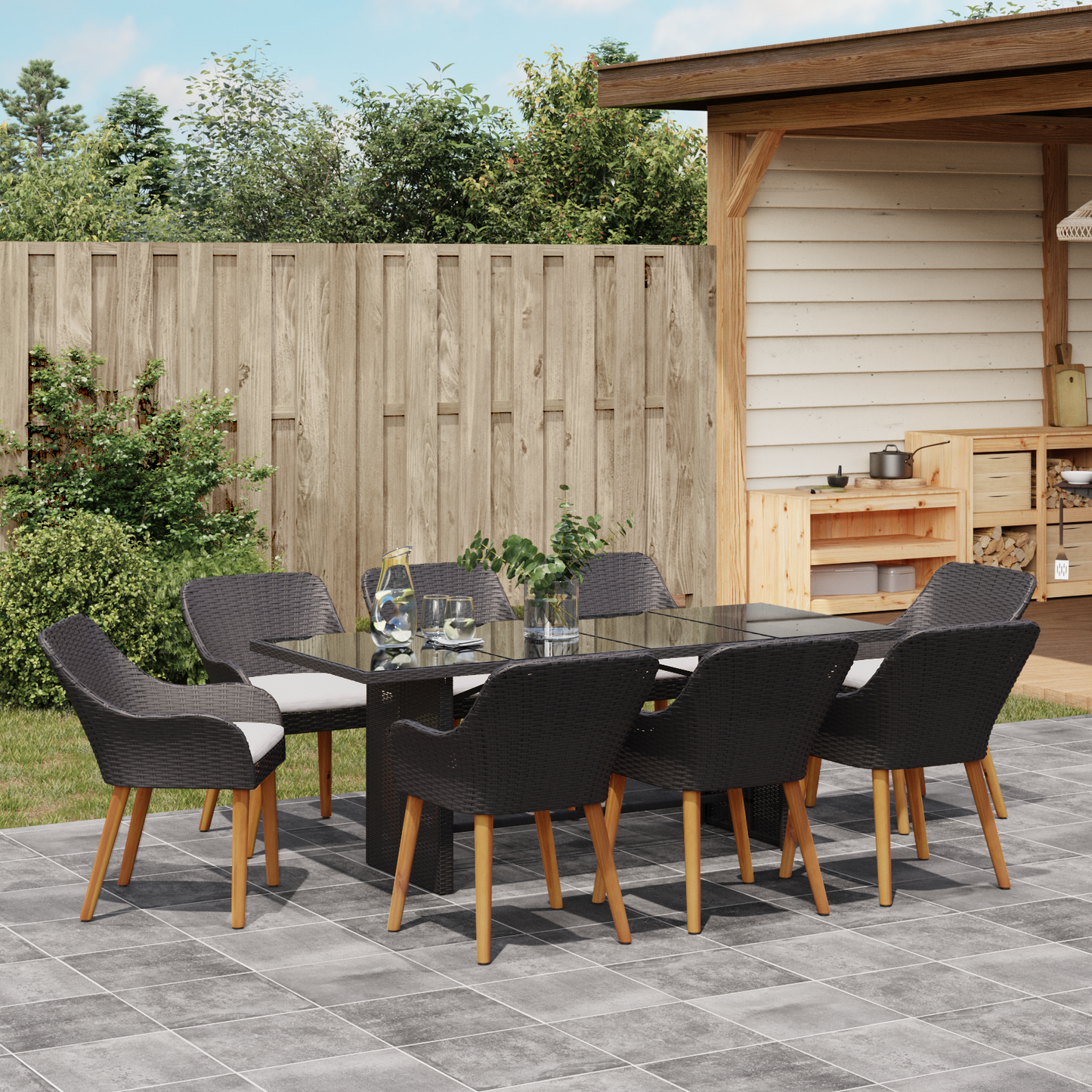9 Piece Garden Dining Set Black Poly Rattan