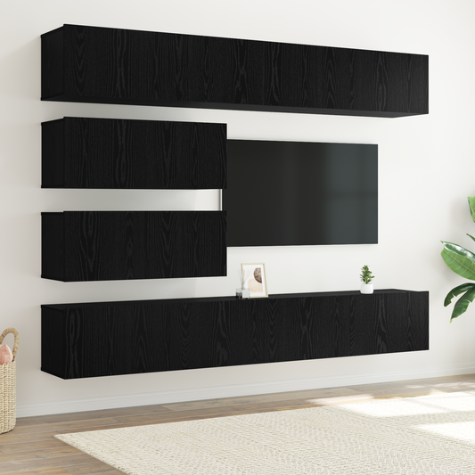 6 Piece TV Cabinet Set Wall-mounted Black Oak Engineered Wood