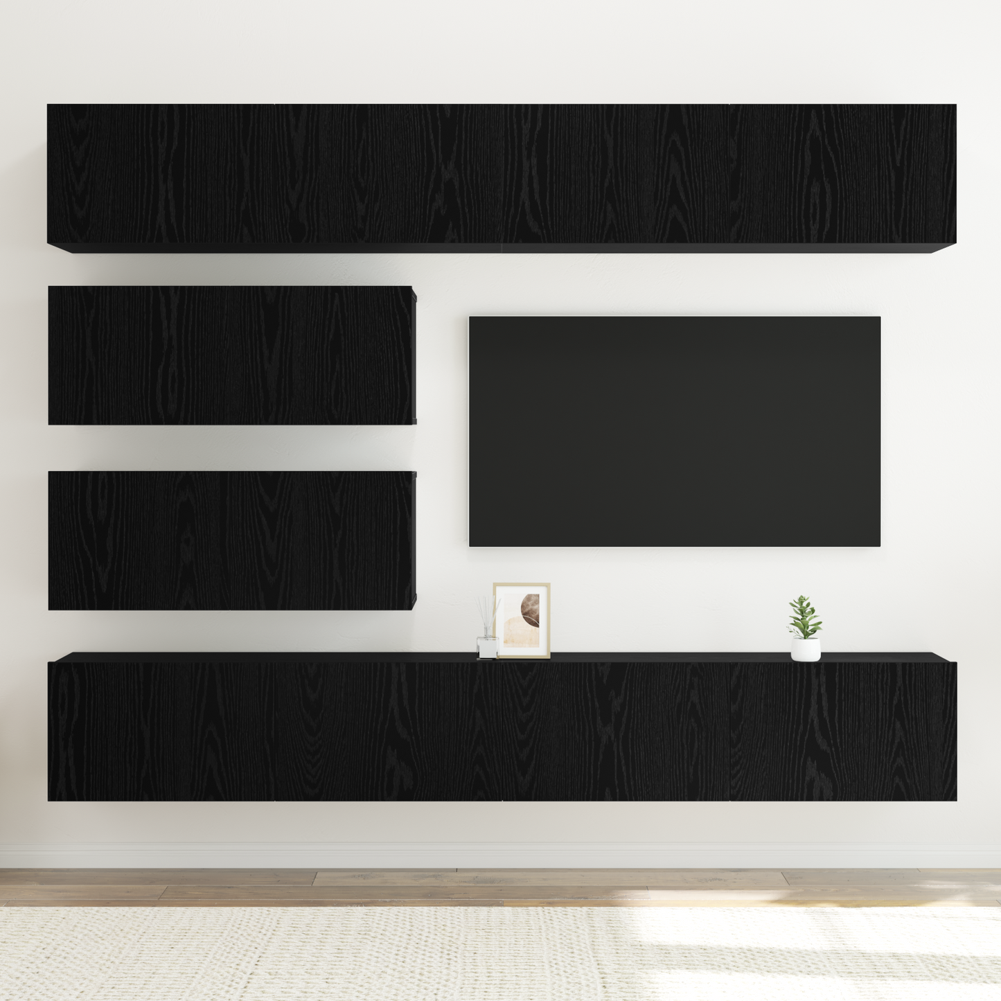 6 Piece TV Cabinet Set Wall-mounted Black Oak Engineered Wood