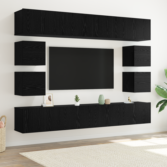 8 Piece TV Cabinet Set Wall-mounted Black Oak Engineered Wood