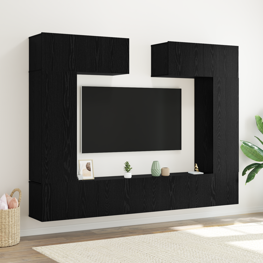 8 Piece TV Cabinet Set Wall-mounted Black Oak Engineered Wood