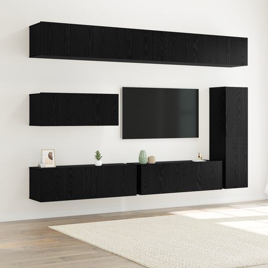 7 Piece TV Cabinet Set Wall-mounted Black Oak Engineered Wood