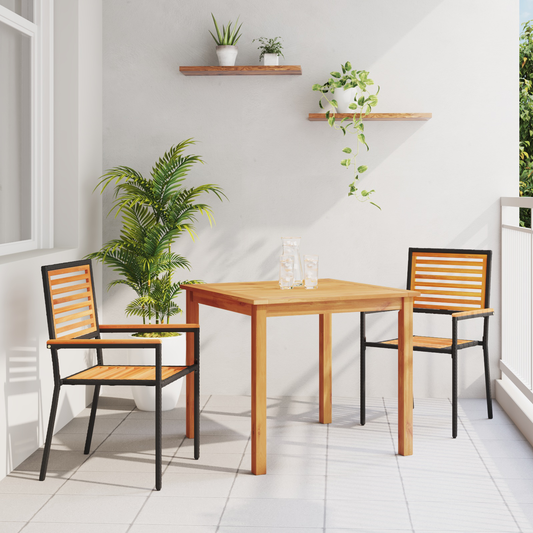 3 Piece Garden Dining Set Black Poly Rattan Acacia