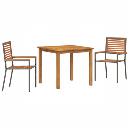 3 Piece Garden Dining Set Grey Poly Rattan Acacia