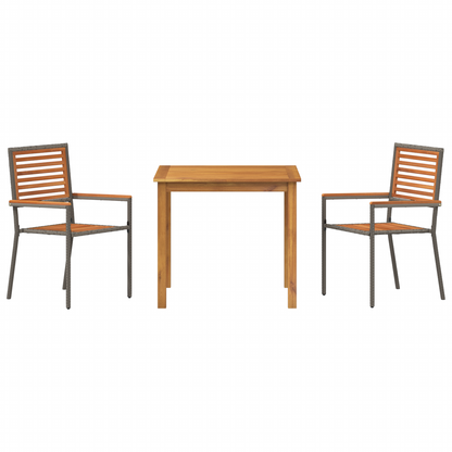 3 Piece Garden Dining Set Grey Poly Rattan Acacia