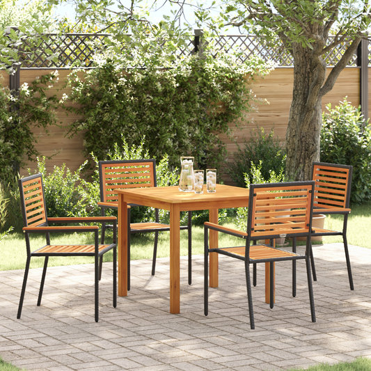 5 Piece Garden Dining Set Black Poly Rattan Acacia