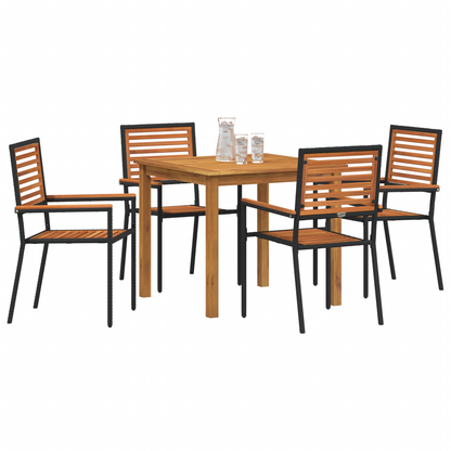 5 Piece Garden Dining Set Black Poly Rattan Acacia