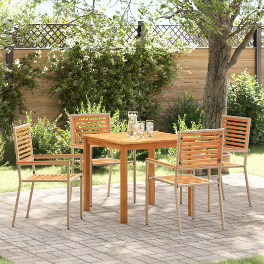 5 Piece Garden Dining Set Beige Poly Rattan Acacia