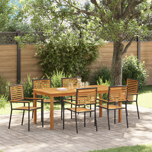 7 Piece Garden Dining Set Black Poly Rattan Acacia