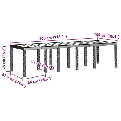 Garden Table Brown 300x100x73 cm Poly Rattan