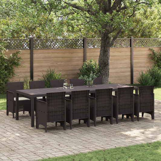 11 Piece Garden Dining Set with Cushions Brown Poly Rattan