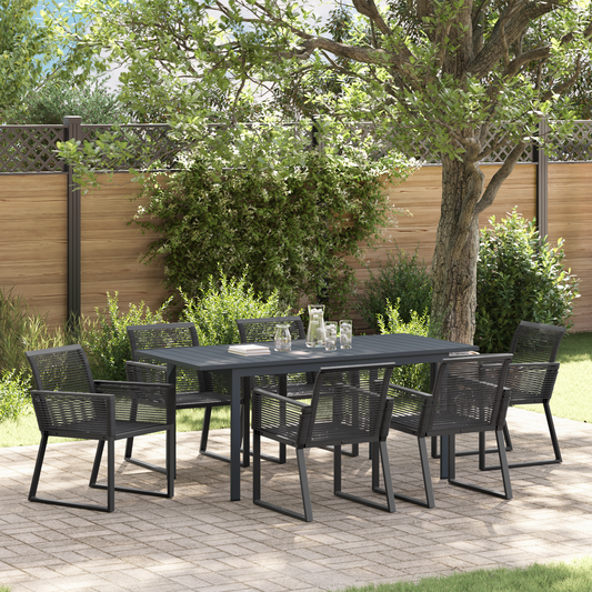 7 Piece Garden Dining Set Black Steel and Poly Rattan