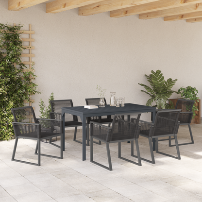 7 Piece Garden Dining Set Black Steel and Poly Rattan