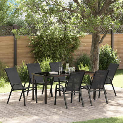 7 Piece Garden Dining Set Black Textilene and Steel