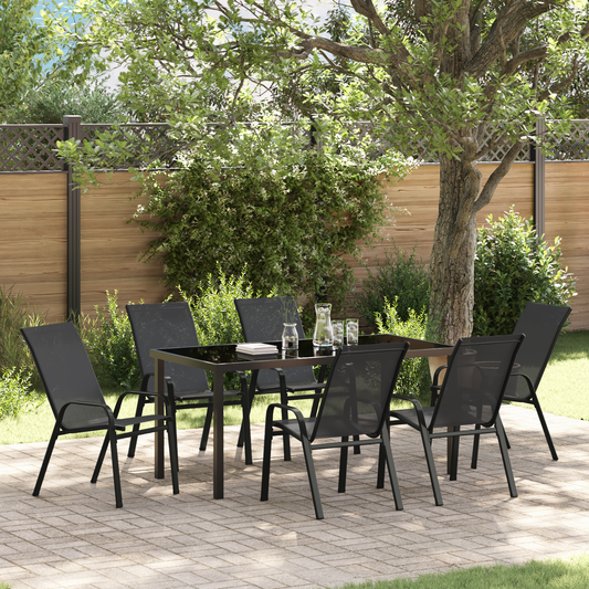 7 Piece Garden Dining Set Black Textilene and Steel