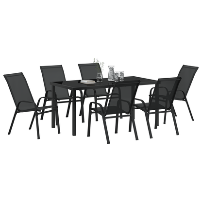 7 Piece Garden Dining Set Black Textilene and Steel