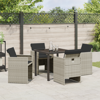 5 Piece Garden Dining Set with Cushions Light Grey Poly Rattan