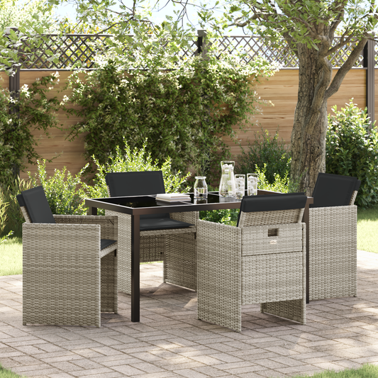 5 Piece Garden Dining Set with Cushions Light Grey Poly Rattan
