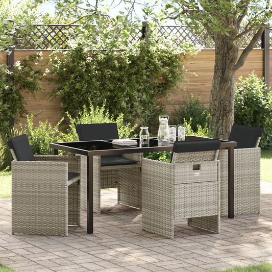 5 Piece Garden Dining Set with Cushions Light Grey Poly Rattan
