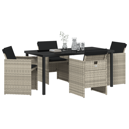 5 Piece Garden Dining Set with Cushions Light Grey Poly Rattan