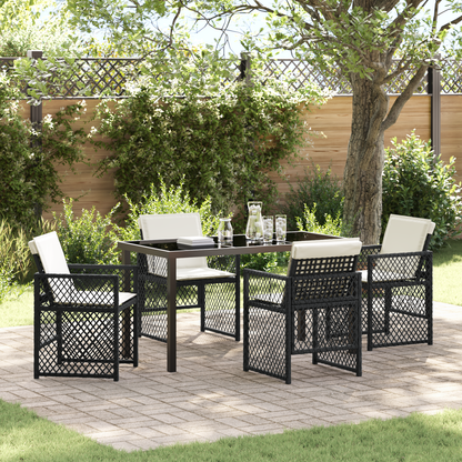 5 Piece Garden Dining Set with Cushions Black Poly Rattan
