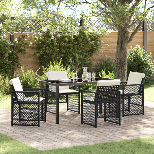 5 Piece Garden Dining Set with Cushions Black Poly Rattan