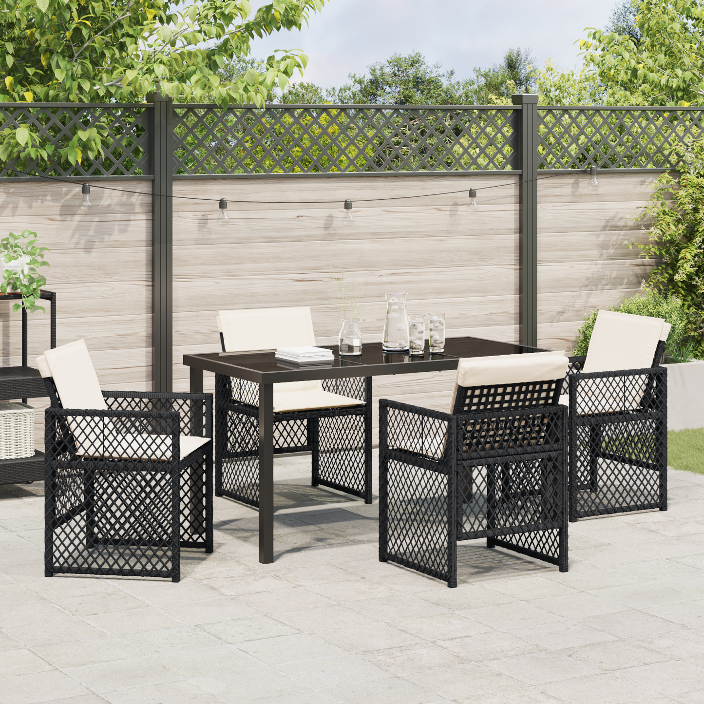 5 Piece Garden Dining Set with Cushions Black Poly Rattan