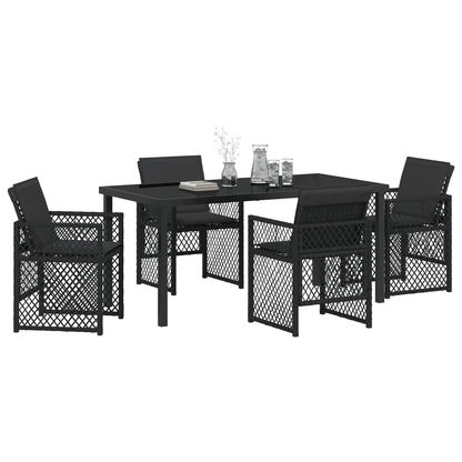 5 Piece Garden Dining Set with Cushions Black Poly Rattan