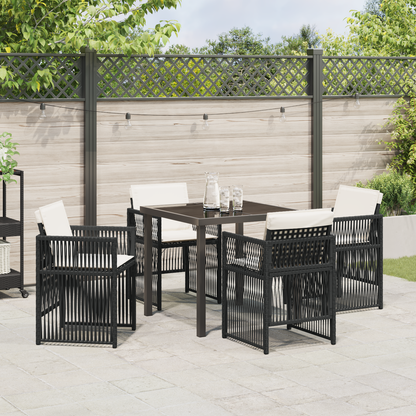5 Piece Garden Dining Set with Cushions Black Poly Rattan